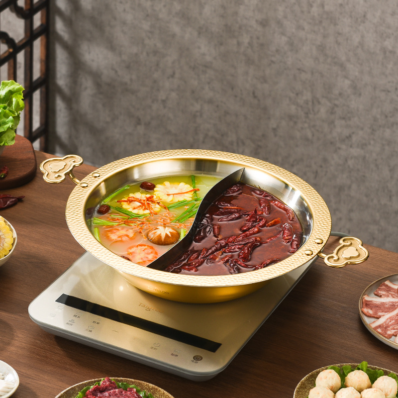 Commercial Printing & Packaging Pvt Ltd Photos - หม้อสแตนเลสแบบมีหูจับดีไซน์สร้างสรรค์ หม้อต้มแบบใช้มือหมุน 3 ชั้น หม้อซุปใส หม้อฮอทพอทสองช่องสำหรับร้านอาหาร