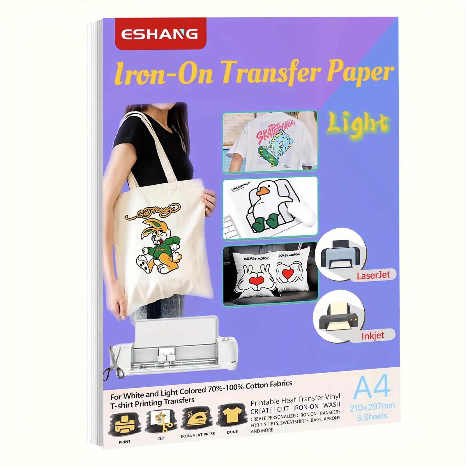 Printable Heat Transfer Vinyl - กระดาษถ่ายโอนความร้อนขนาด A4 สำหรับผ้าสีอ่อน 5 แผ่น สำหรับไวนิลถ่ายโอนความร้อนแบบพิมพ์ได้สำหรับเครื่องพิมพ์อิงค์เจ็ทและเลเซอร์เจ็ทและงานวาดภาพ